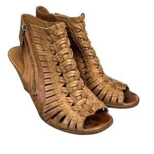 Paul Green Shoes Womens Size 6.5 Brown Leather Woven Strappy Sandals Zip Heel